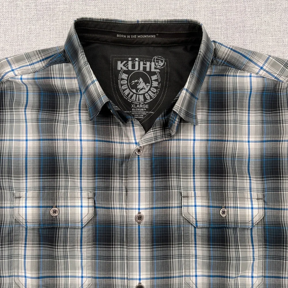 KUHL Response Button Shirt Men XL Gray Blue Plaid Short Sleeve Outdoor Hike GORP - Picture 2 of 12